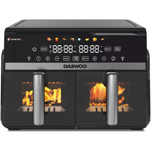 Friteuza dubla cu aer cald Daewoo DAF2X1100LRB, 1100 W, display LED, capacitate 10 L 5+ 5, timer 60 minute, 8 programe predefinite, temperatura reglabila 80-200 grade (Negru)