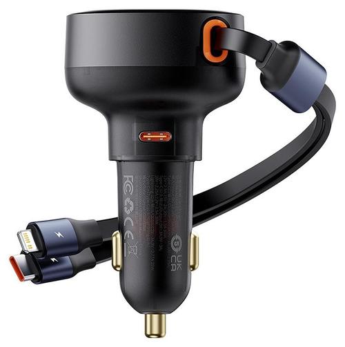 Incarcator auto Baseus Enjoyment C00057802111-00, 60 W, Cablu retractabil USB-C si Lightning, 1x USB Type-C (Negru)