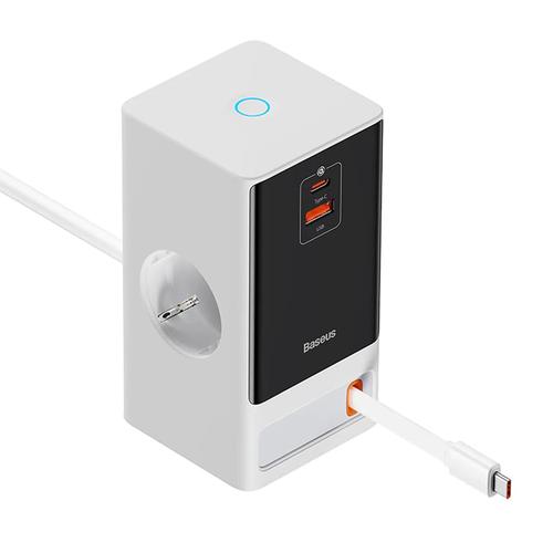 Incarcator retea Baseus PowerCombo Powerstrip PSLR000602, QC 65 W, 1 x cablu integrat retractabil USB Type-C Output 5V/3A, 1xUSB, 1.5m (Alb)