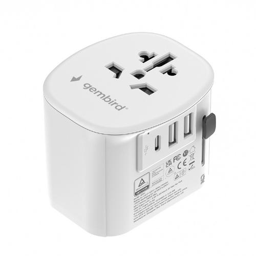 Incarcator retea universal Gembird TPA-EU2A1C15-01-W, US/UK/EU/AU, 1x USB Type-C 15W, 2x USB-A 12W, siguranta 10A, max 2300W (Alb)