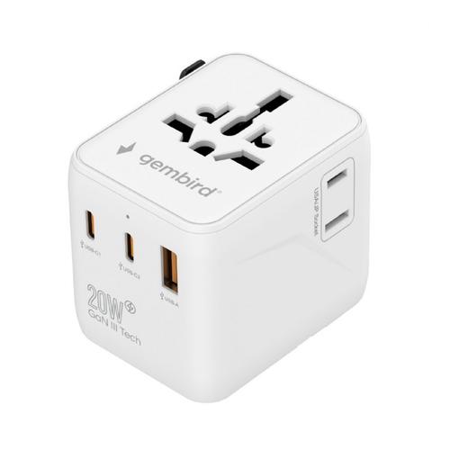 Incarcator retea universal Gembird TPA-1A2C20-01-W, US/UK/EU/AU, 2x USB Type-C PD 20W, 1x USB-A QC 18W, siguranta 10A, max 2500W (Alb)