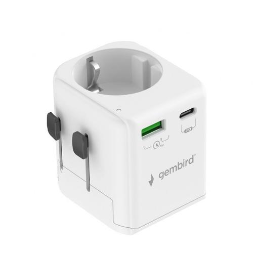 Incarcator retea Gembird TPA-EU1A1C20-01-W, US/UK/CN/AU, cu impamantare, 1x Schuko, 1x USB Type-C PD 20W, 1x USB-A QC 18W, siguranta 10A, max 2500W (Alb)