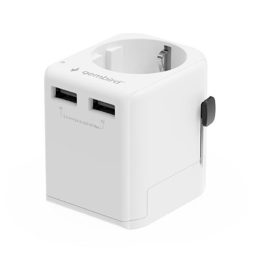 Incarcator retea universal Gembird TPA-EU2A12-01-W, US/UK/CN/AU, cu impamantare, 1x Schuko, 2x USB-A 12W, siguranta 10A, max 2500W (Alb)