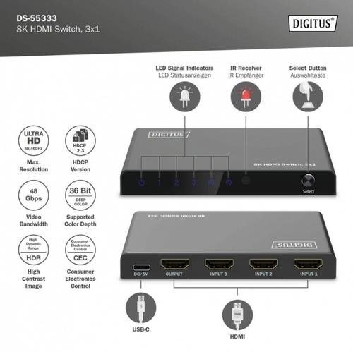 Switch HDMI 8K, Digitus DS-55333, 3 x HDMI, Negru