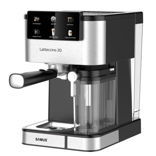 Espressor manual Samus LATTECCINO 20, 1350 W, 200 bari, Rezervor apa 1.5 l, Rezervor lapte 500 ml, 7 bauturi (Negru/Inox)