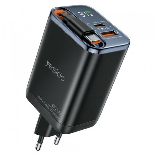 Incarcator retea Yesido YC100 Display, 67W, 1 x USB-A, 1 x USB-C (Negru)