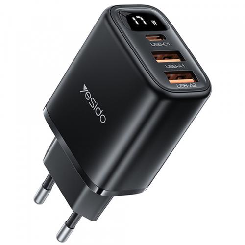 Incarcator retea Yesido YC67 Display, 17W, 2 x USB-A, 1 x USB-C (Negru)