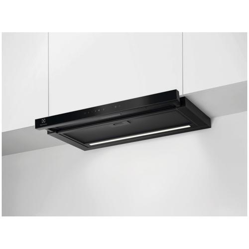 Hota incorporabila telescopica Electrolux LFP816K, 60 cm, 1 motor, 3 viteze+intensiv, Panel frontal de sticla, Control electronic, Conectivitate plita, Functie Breeze, Perfect Illumination, 2 filtre de aluminiu lavabile, 650 mc/h (Negru)