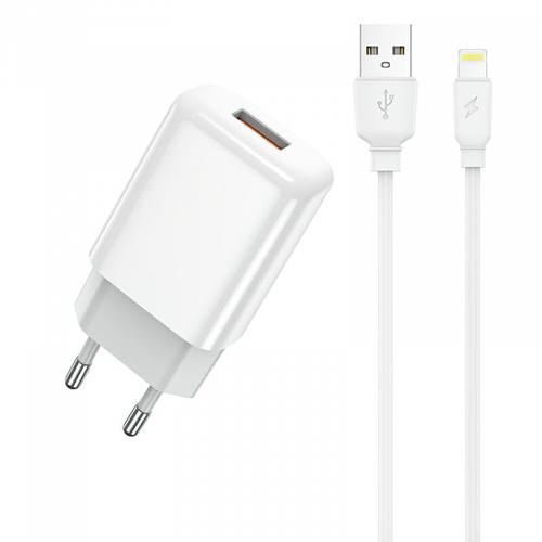 Incarcator Retea Cu Cablu Lightning Prestico F9S, 12W, 2.4A, 1 x USB-A (Alb)