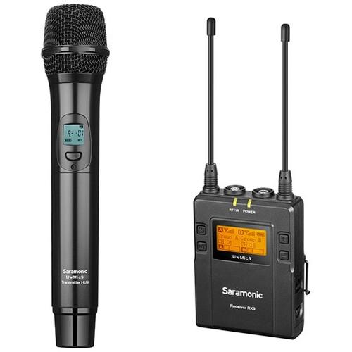 Microfon wireless UHF Saramonic UwMic9 Kit4, 1x transmitator de mana pentru sistemul UwMic9 HU9, 1x receptor UHF cu 2 canale RX9, Negru
