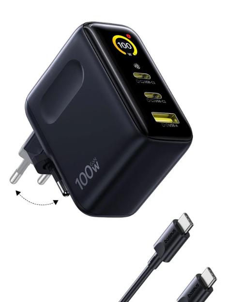 Incarcator retea Baseus PicoGo AE21, 100W, 2x USB Type-C, 1x USB + Cablu USB Type-C 1.5m (Negru)