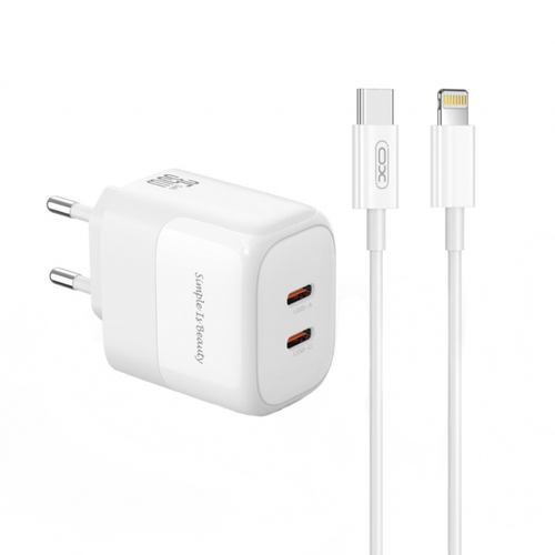 Incarcator Retea Cu Cablu Lightning XO Design L140, 35W, 3A, 2 x USB-C (Alb)