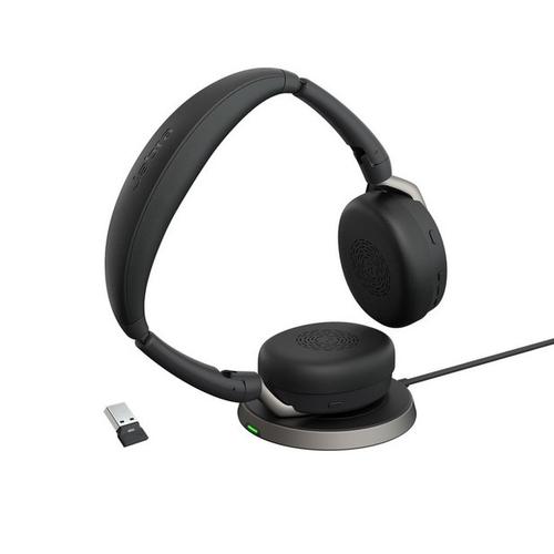 Casti Call Center Jabra Evolve2 65 Flex MS, Dongle USB-A, Binaural, On-ear, Bluetooth, hybrid active noise cancellation, incarcator wireless (Negru)