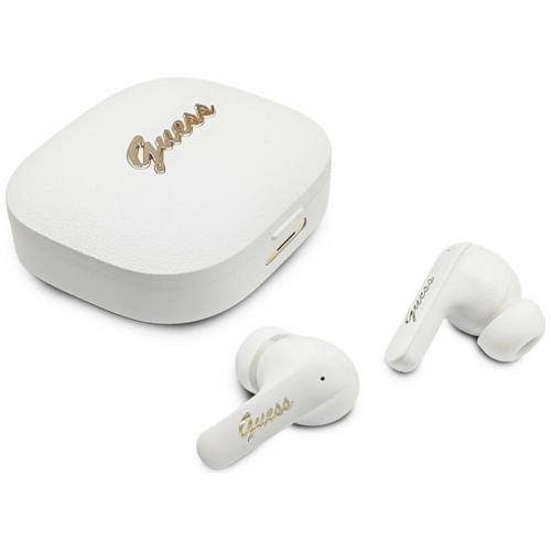 Casti True Wireless Guess Script Metal Logo, Bluetooth, Alb