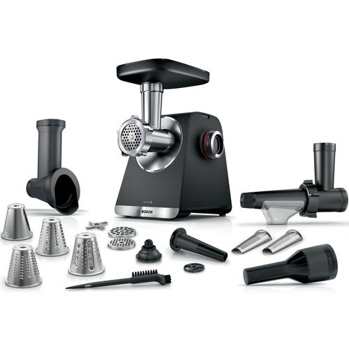 Masina de tocat Bosch MFWS660B, 2100W, 3.5kg/ min, 3 site, accesoriu suc de rosii, palnie carnati, accesoriu pt kebbe, cutit cu 2 taisuri, 4 accesorii de tocare, Negru/Argintiu