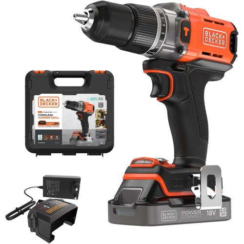 Masina compacta de gaurit si insurubat cu percutie (bormasina) pe acumulator Black & Decker BCD383D1XK, 18 V, 1550 RPM, cuplu 45 Nm, 13 mm mandrina, 1 acumulator 2 Ah, incarcator, agatatoare curea, cutie depozitare plastic