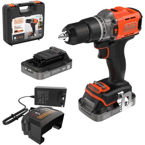 Masina compacta de gaurit si insurubat cu percutie (bormasina) pe acumulator Black & Decker BCD383D2XK, 18 V, 1550 RPM, cuplu 45 Nm, 13 mm mandrina, 2 acumulatori 2 Ah, incarcator, agatatoare curea, cutie depozitare plastic