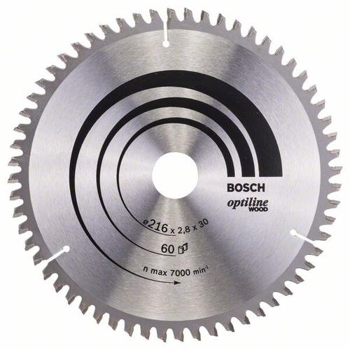 Disc pentru fierastraie electrice, Bosch, Optiline Wood, 216x30x2.8 mm, 60 dinti, Otel, Argintiu