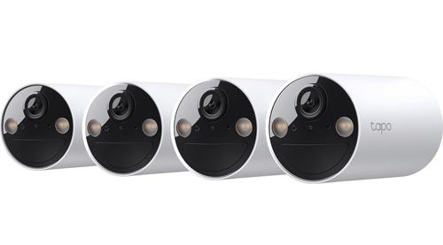 Set 4 camere de supraveghere TP-Link Tapo C410, 3MP, 2K 2304x1296, Color Night Vision, detectie smart, Two-Way Audio, alarma luminoasa si sonora, acumulator, montare fara cabluri, IP65 (Alb)