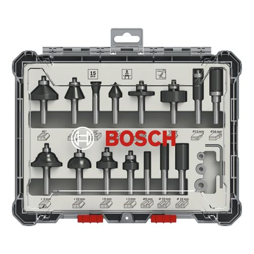 Set de inserturi de freza mixt, Bosch, 15 piese, Tija, 8 mm, Negru/Argintiu 1 Set de inserturi de freza mixt, Bosch, 15 piese, Tija, 8 mm, Negru/Argintiu