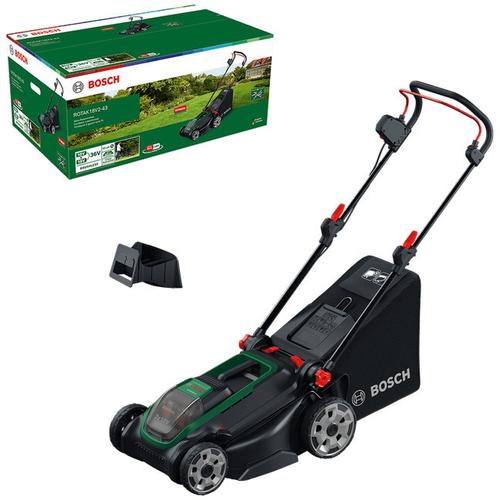 Masina de tuns gazon/iarba pe acumulator Bosch ROTAK18V2-43, 2 X 18 V, latime taiere 43 cm, inaltime taiere 30-75 mm, 6 trepte de taiere, motor brushless, sac colector 50 l, include: 2 acumulatori PBA 18V 4.0Ah + incarcator 1 Masina de tuns gazon/iarba pe acumulator Bosch ROTAK18V2-43, 2 X 18 V, latime taiere 43 cm, inaltime taiere 30-75 mm, 6 trepte de taiere, motor brushless, sac colector 50 l, include: 2 acumulatori PBA 18V 4.0Ah + incarcator