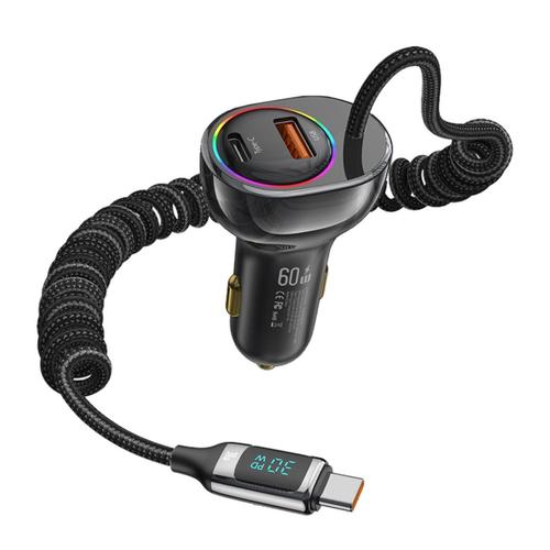 Incarcator Auto Usams Dual port USB si Type-C, Fast Charge Digital Display, PD, 60W, cu cablu Type-C, Negru
