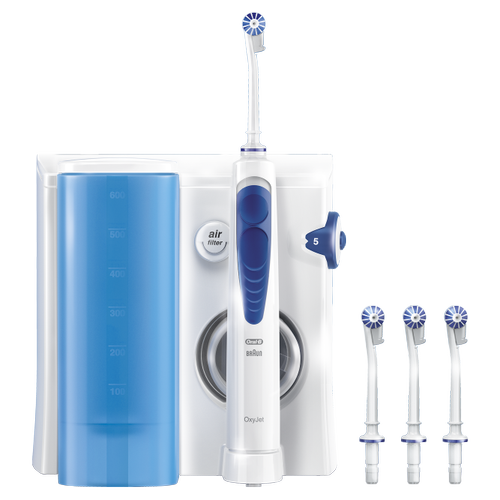 Irigator bucal Oral-B MD20 Oxyjet Healthjet-Center, 8800 miscari/minut, 4 capete (Alb/Albastru)
