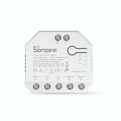 Releu Sonoff Dual R3 cu 2 canale, Programari, Wi-Fi 2.4 GHz, Contor energie (Alb)