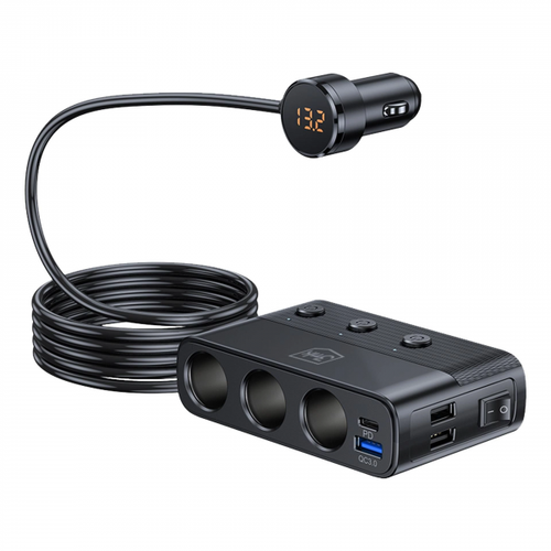 Incarcator auto 3MK Power Splitter, 120W, 3 x USB-A, 1 x USB-C, 3 x extensie bricheta (Negru)