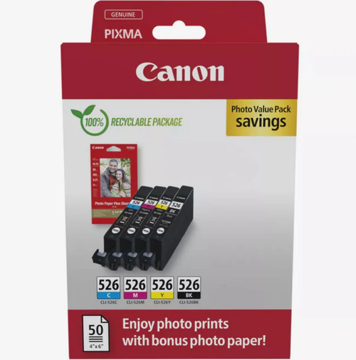Pachet foto 4 cartuse Canon CLI-526 BK+C+M+Y + hartie foto 10x15, 50 coli