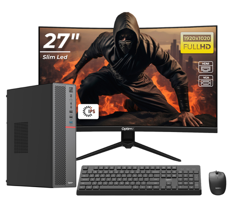 Calculator Sistem PC Office Premium OptimX T5 SFF cu procesor Intel Core i3-9100, 16GB DDR4, 1TB SSD, Windows 11 Pro si Monitor Curbat 27inch FHD IPS LED + kit tastatura si mouse Pro KM500 cu fir