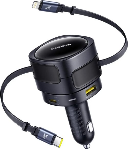Incarcator auto Baseus Enjoyment Max, Quick Charge 90W, 2x USB-C, Cablu Lightning integrat (Negru)