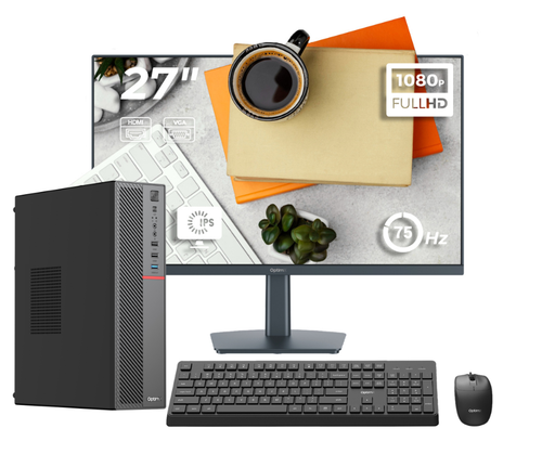 Calculator Sistem PC Office Complet OptimX T5 SFF cu procesor Intel Core i5-10400, 16GB DDR4, 1TB SSD, Win11 Pro si Monitor 27inch FHD, IPS, LED + kit tastatura si mouse Pro KM500 cu fir