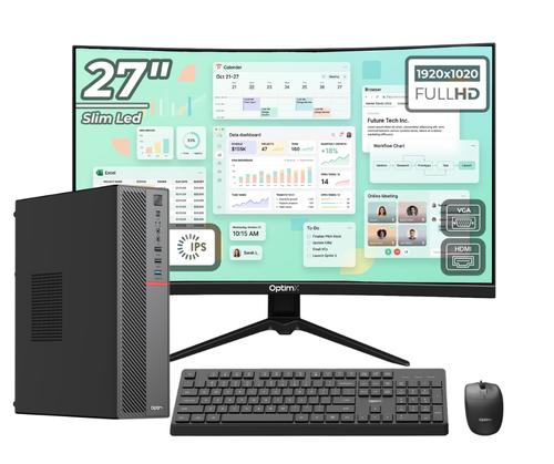 Calculator Sistem Dektop Office OptimX T5 SFF, Intel Pentium Gold G6400T, 16GB DDR4, 512GB SSD, Win11 Pro și Monitor Curbat 27inch FHD, IPS, LED + kit tastatura si mouse Pro KM500 cu fir