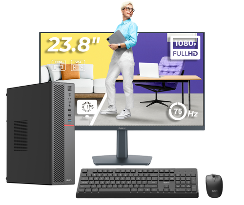 Calculator PC Office Complet OptimX  T5 SFF Intel Pentium Gold G6400T, 8GB DDR4, 256GB SSD, Win11 Pro si Monitor 24inch FHD, IPS, LED + kit tastatura si mouse Pro KM500 cu fir