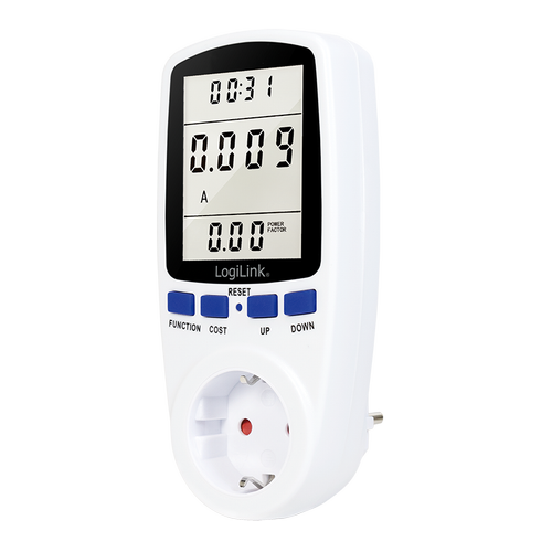 Priza inteligenta Logilink EM0003, Schuko x 1, conectare prin Schuko tata, 16 A, afisaj energie, putere, tarif cost, baterie incorporata, Alb
